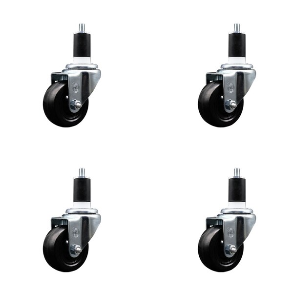 3'' SS Hard Rubber Wheel Swivel 1-1/2'' Expanding Stem Caster Set, 4PK